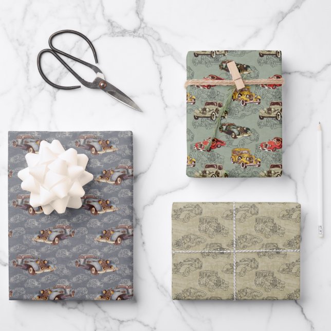 Klassische Autos Geschenkpapier Set (Vorderseite)
