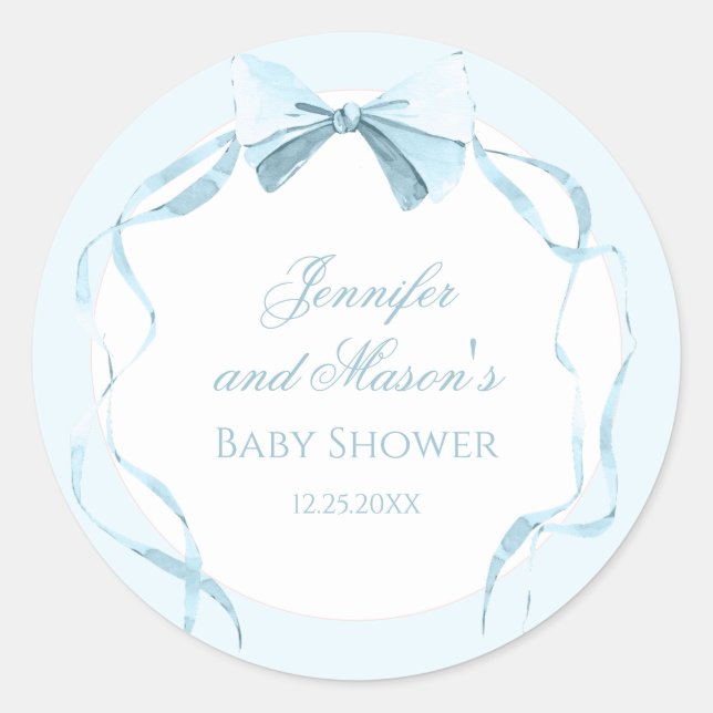Klassische Babydusche mit blauer Schleife Runder Aufkleber (Vorderseite)