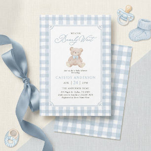 Klassische Babyparty mit Blau Gingham Teddybär Einladung