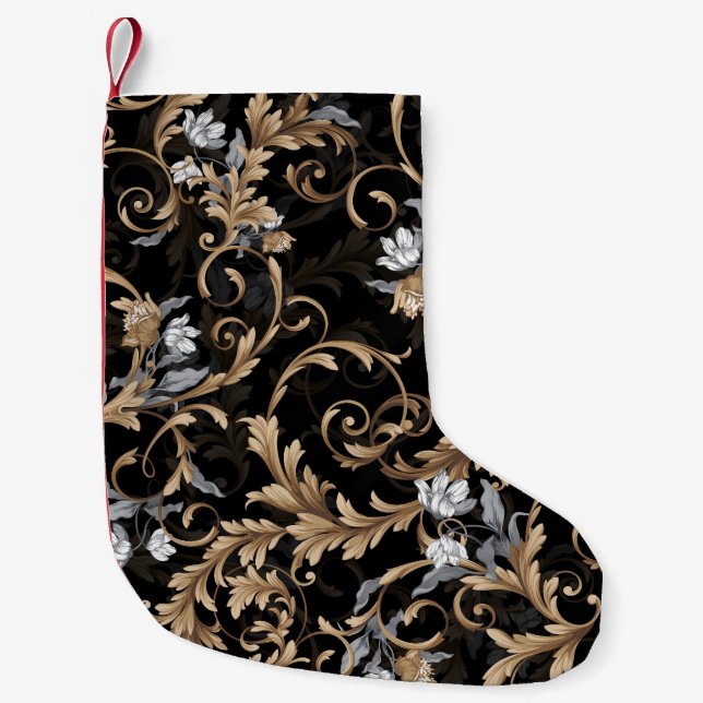 Klassische barocke Blume: schwarzer Hintergrund. Kleiner Weihnachtsstrumpf (Vorderseite)