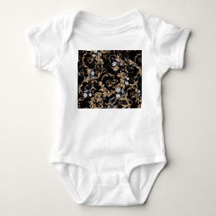 Klassische barocke Blumen: schwarzer Hintergrund. Baby Strampler