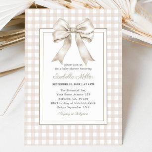 Klassische Beige Bow Gingham Neutral Baby Dusche Einladung