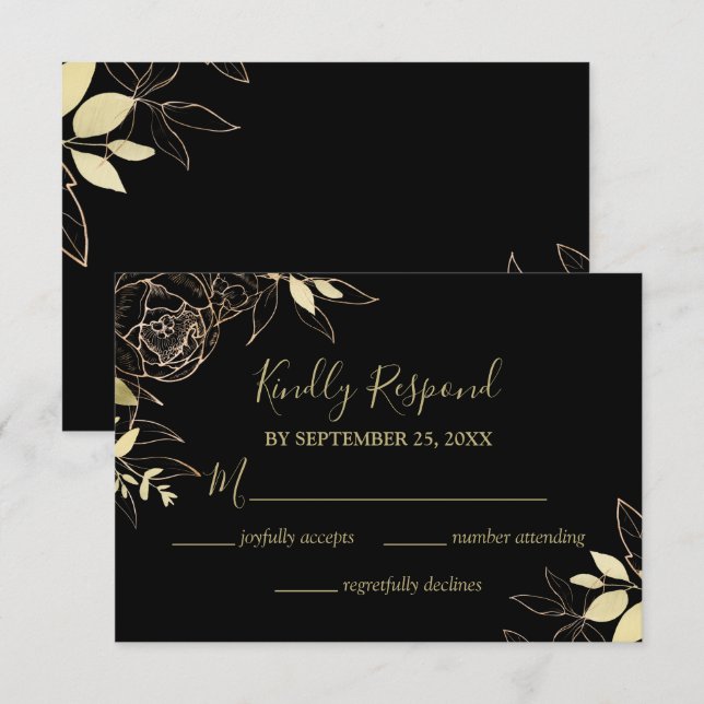 Klassische Black & Gold Peony Moderne Blumenhochze RSVP Karte (Vorne/Hinten)