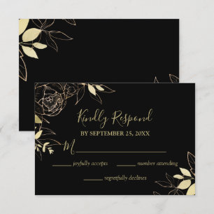 Klassische Black & Gold Peony Moderne Blumenhochze RSVP Karte
