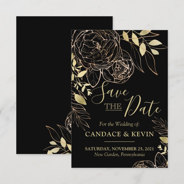 Klassische Black & Gold Peony Moderne Blumenhochze Save The Date (Vorne/Hinten)