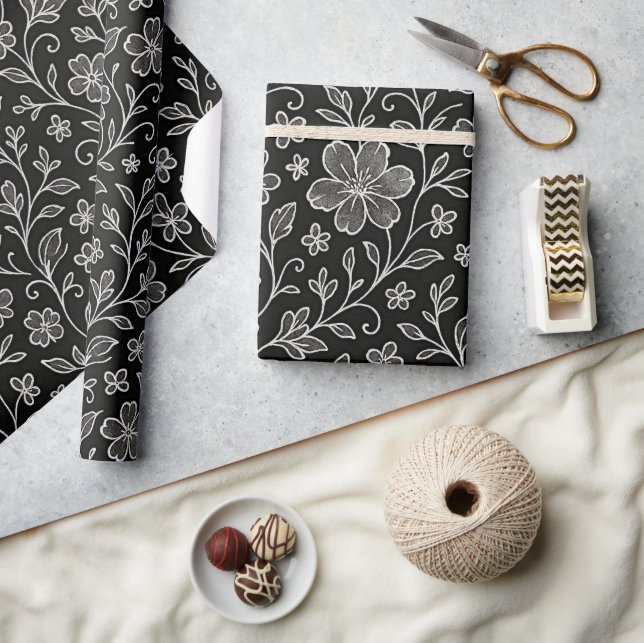 Klassische Blätter Blumenmuster auf Grau Schwarz Geschenkpapier (Kunsthandwerk)