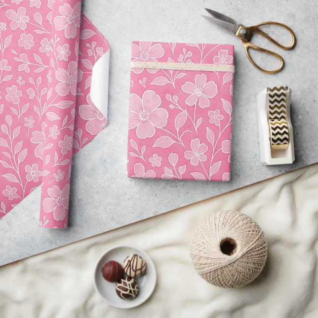 Klassische Blätter Blumenmuster auf Hot Pink Geschenkpapier (Kunsthandwerk)