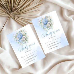 Klassische blaue Hortensien Eukalyptus Hochzeit RS RSVP Karte