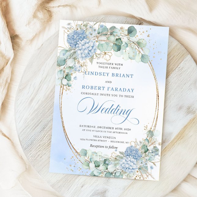 Klassische blaue Hortensien-Weizen-Goldene Hochzei Einladung (Classic Blue Hydrangea Wheat Gold Wedding Invitation)
