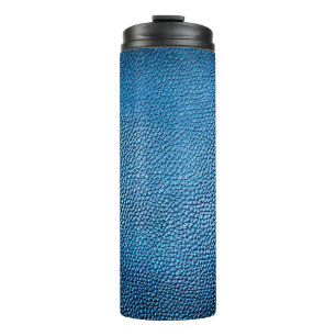 Klassische blaue Lederhintergrundtextur Nahaufnahm Thermosbecher
