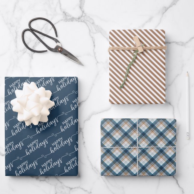 Klassische Blaue Taupe Beige Weiß Kariert Geschenkpapier Set (Vorderseite)