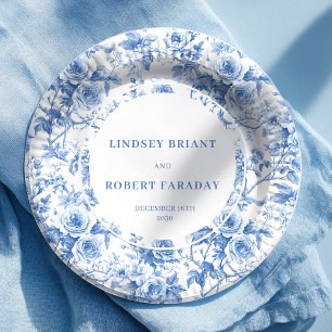 Klassische blaue Toile-Rosen Hochzeitsempfangstisc Pappteller