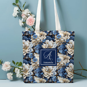 Klassische blaue weiße Blumen individuell benannte Tasche