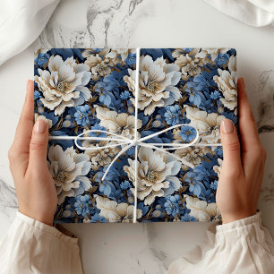 Klassische Blaue Weiße Elfenbeinfarbene Florale Ge Geschenkpapier