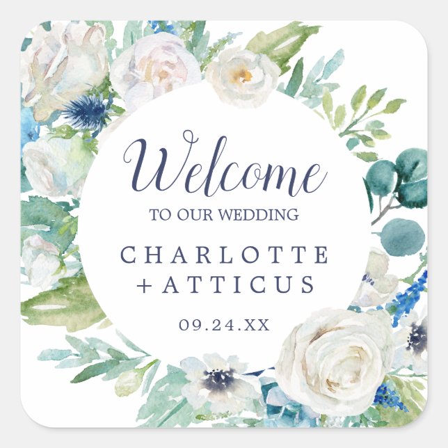 Klassische Blume Hochzeitsempfang Quadratischer Aufkleber (Vorderseite)