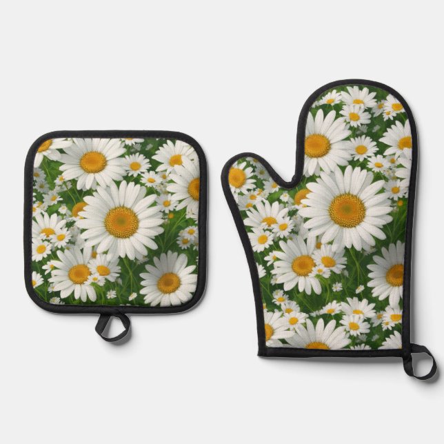 Klassische Blütenmuster Weiße Blumenfelder Grün Ofenhandschuh & Topflappen-Set (Vorderseite)