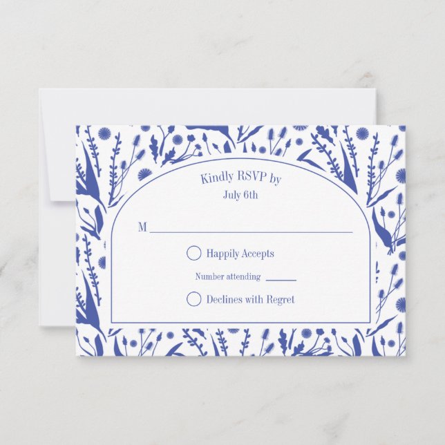 Klassische Botanicals bei Blue Wedding RSVP Karte (Vorderseite)