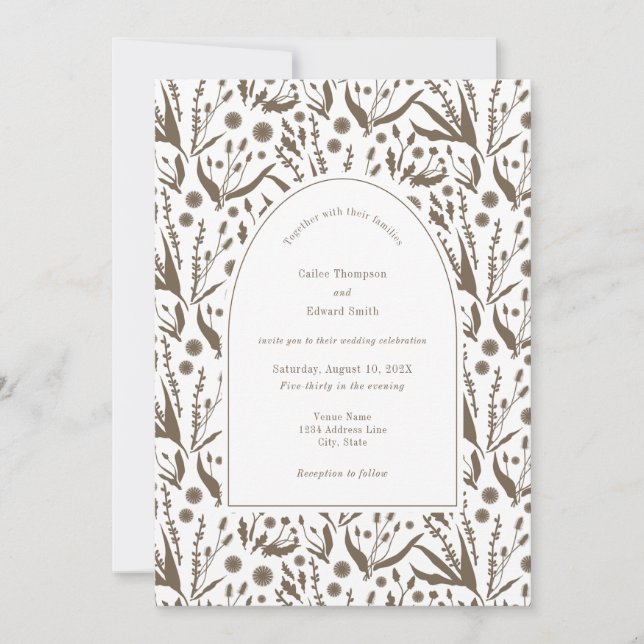 Klassische Botanicals in der Dunkeltaupe Hochzeit Einladung (Vorderseite)