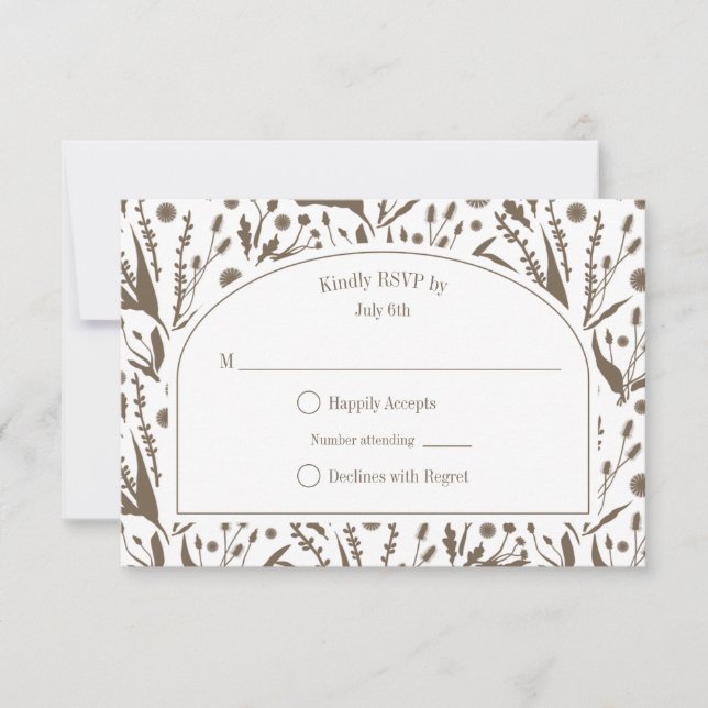 Klassische Botanicals in der Dunkeltaupe Hochzeit RSVP Karte (Vorderseite)