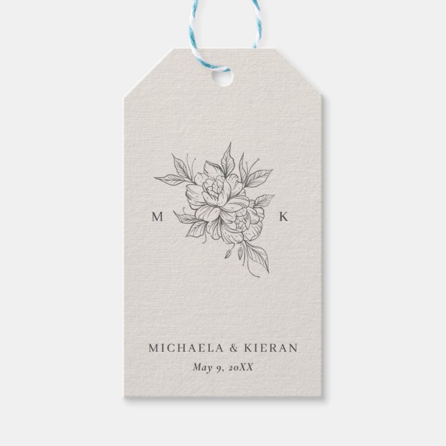 Klassische Botanische Monogramm-Hochzeit Geschenkanhänger (Vorderseite)