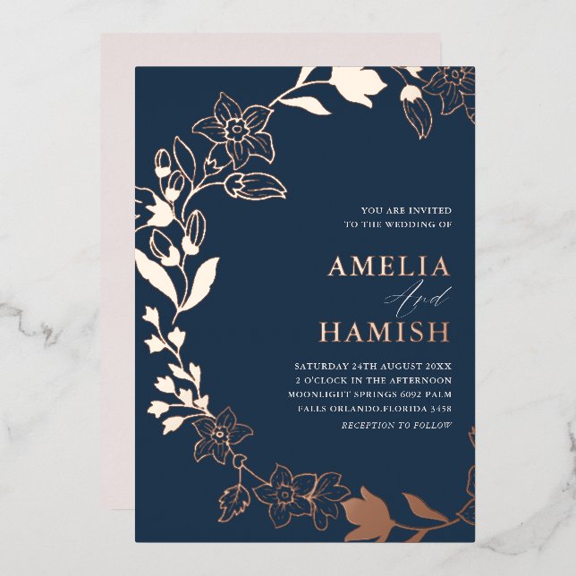 Klassische botanische Rose Gold & Blue Wedding Folieneinladung (Vorderseite/Rückseite)