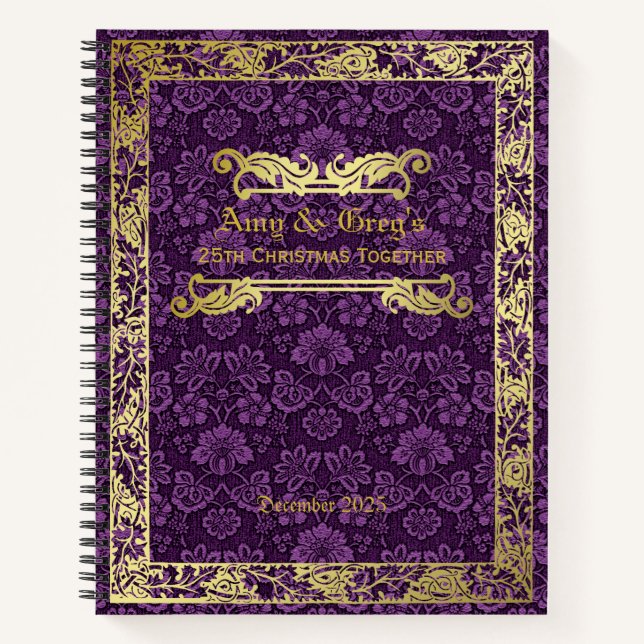 Klassische Buchdecke Gold Foliage Lila Damask Notizbuch (Vorderseite)