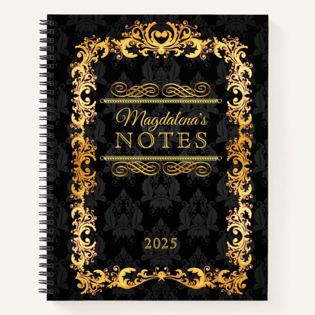 Klassische Buchdecke Gold Ornament Black Damask Notizbuch (Vorderseite)