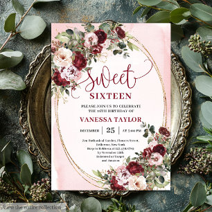 Klassische Burgunder Florale Goldene Sweet Sixteen Einladung