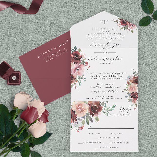 Klassische Burgundy Blush Rose & Peony All In One Einladung (Von Creator hochgeladen)
