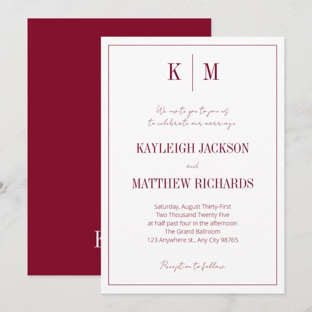 Klassische Burgundy Red Monogram Elegant Wedding Einladung (Vorne/Hinten)