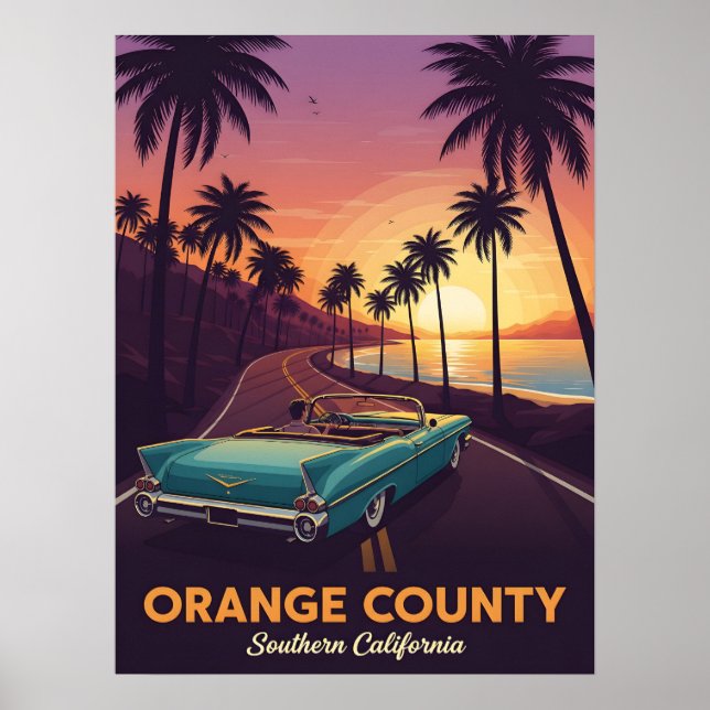 Klassische Cabrio-Kreuzfahrt durch orangefarbenen  Poster (Vorne)