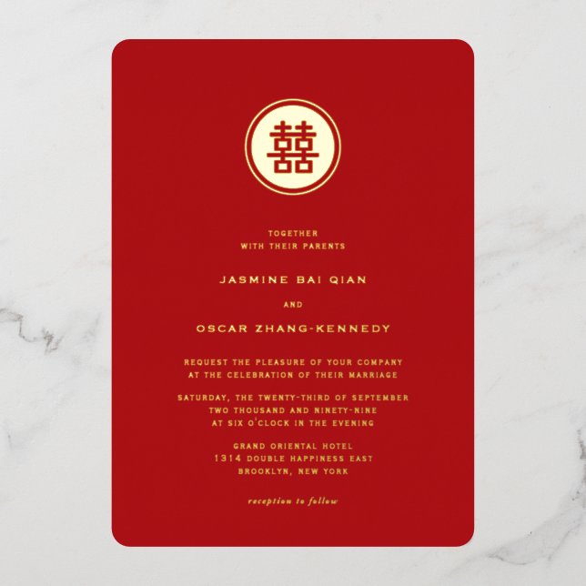 Klassische Circle Double Happiness Chinese Wedding Folieneinladung (Vorderseite)