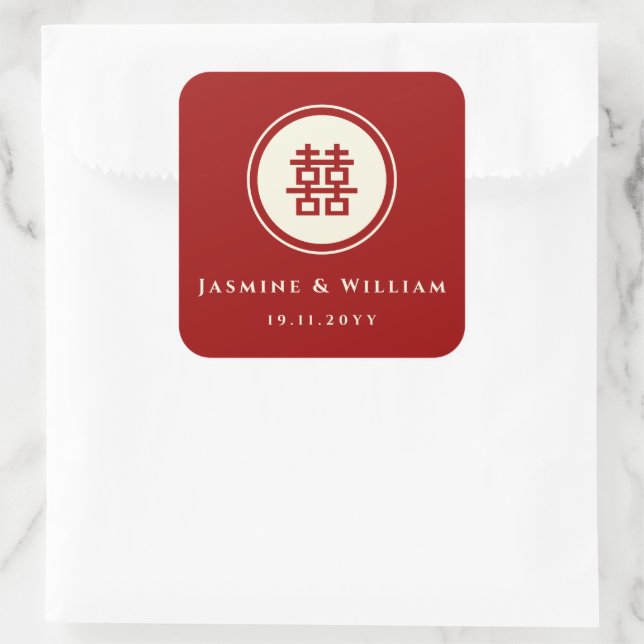 Klassische Circle Double Happiness Chinese Wedding Quadratischer Aufkleber (Tasche)