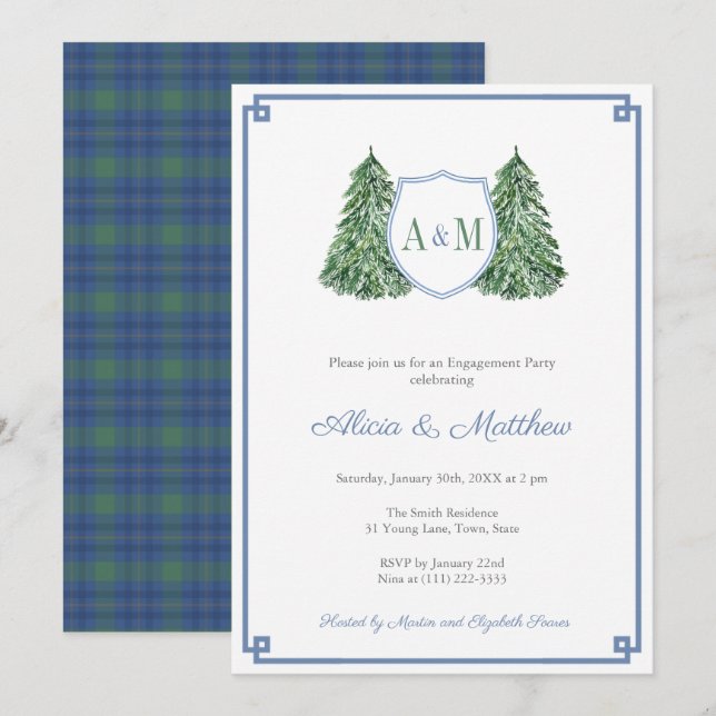 Klassische Cosy Cabin Kariert Monogram Engagement  Einladung (Vorne/Hinten)