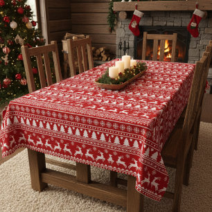 Klassische Cristmas Rentierschneeflocken Rot und W Tischdecke