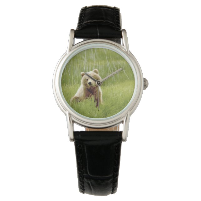 Klassische Damenuhr mit schwarzem Lederarmband Armbanduhr (Vorderseite)