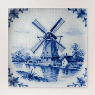 Klassische Delfter Blau-Windmühlen-Kanal-Szene