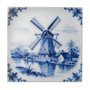 Klassische Delfter Blau-Windmühlen-Kanal-Szene Fliese