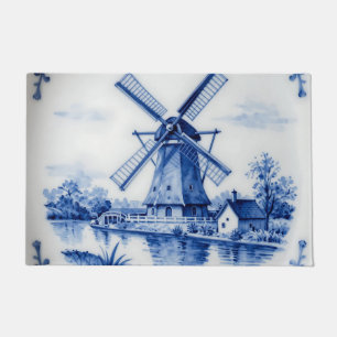 Klassische Delfter Blau-Windmühlen-Kanal-Szene Fußmatte