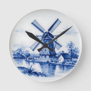 Klassische Delfter Blau-Windmühlen-Kanal-Szene Runde Wanduhr