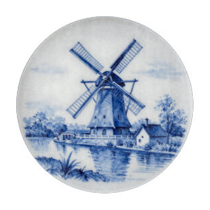 Klassische Delfter Blau-Windmühlen-Kanal-Szene Schneidebrett