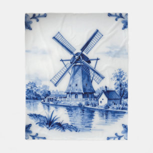 Klassische Delfter Blau-Windmühlen-Kanalszene Fleecedecke
