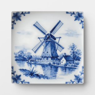 Klassische Delfter Blau-Windmühlen-Kanalszene Fotoplatte