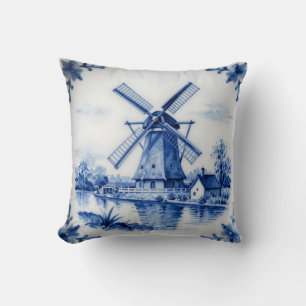 Klassische Delfter Blau-Windmühlen-Kanalszene Kissen