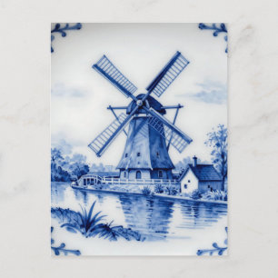 Klassische Delfter Blau-Windmühlen-Kanalszene Postkarte