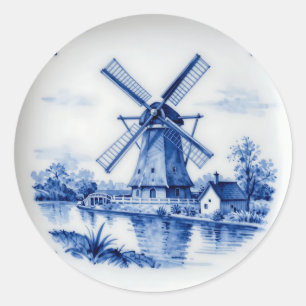 Klassische Delfter Blau-Windmühlen-Kanalszene Runder Aufkleber