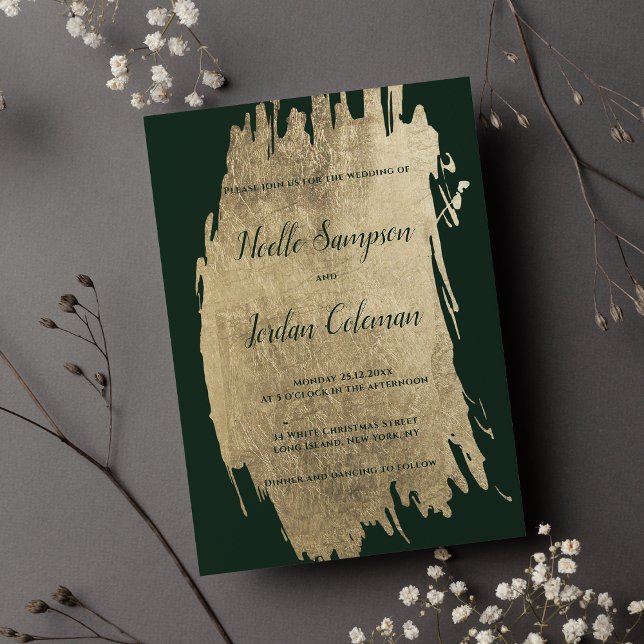 Klassische dunkelgrüne goldfarbene Pinselstriche v Einladung (Classy dark green gold brush strokes chic wedding)