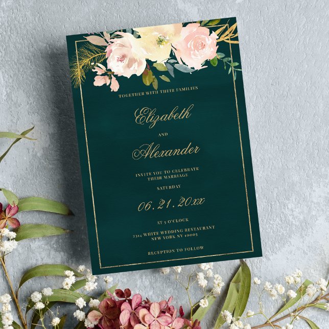 Klassische dunkelgrüne Goldkorallenhochzeit Einladung (Classic dark green gold pink coral floral wedding)
