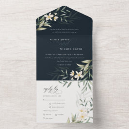 Klassische dunkle Navy Weiße Grüne Blumenhochzeit All In One Einladung