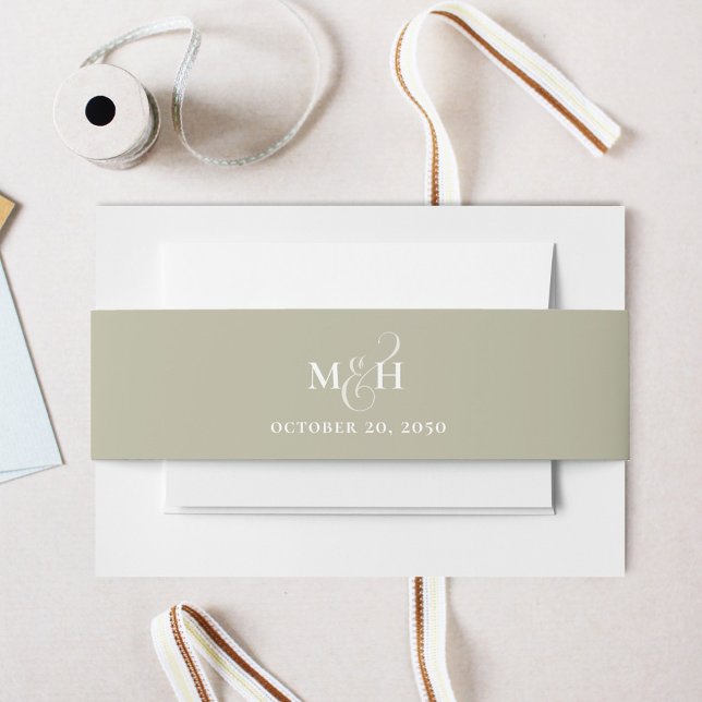 Klassische Einfache Seite Grüne Monografie Einladungsbanderole (Sage green monogram invitation belly band Horizontal template. )